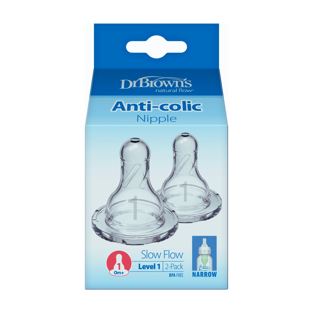 Dr. Brown’s Narrow-Neck Level 1 Natural Flow Silicone Bottle Teats 0M+ – 2 Pack (BPA-Free)
