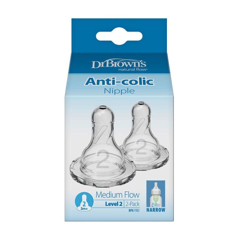 Dr. Brown’s Narrow-Neck Level 2 Natural Flow Silicone Bottle Teats 3M+ – 2 Pack (BPA-Free)