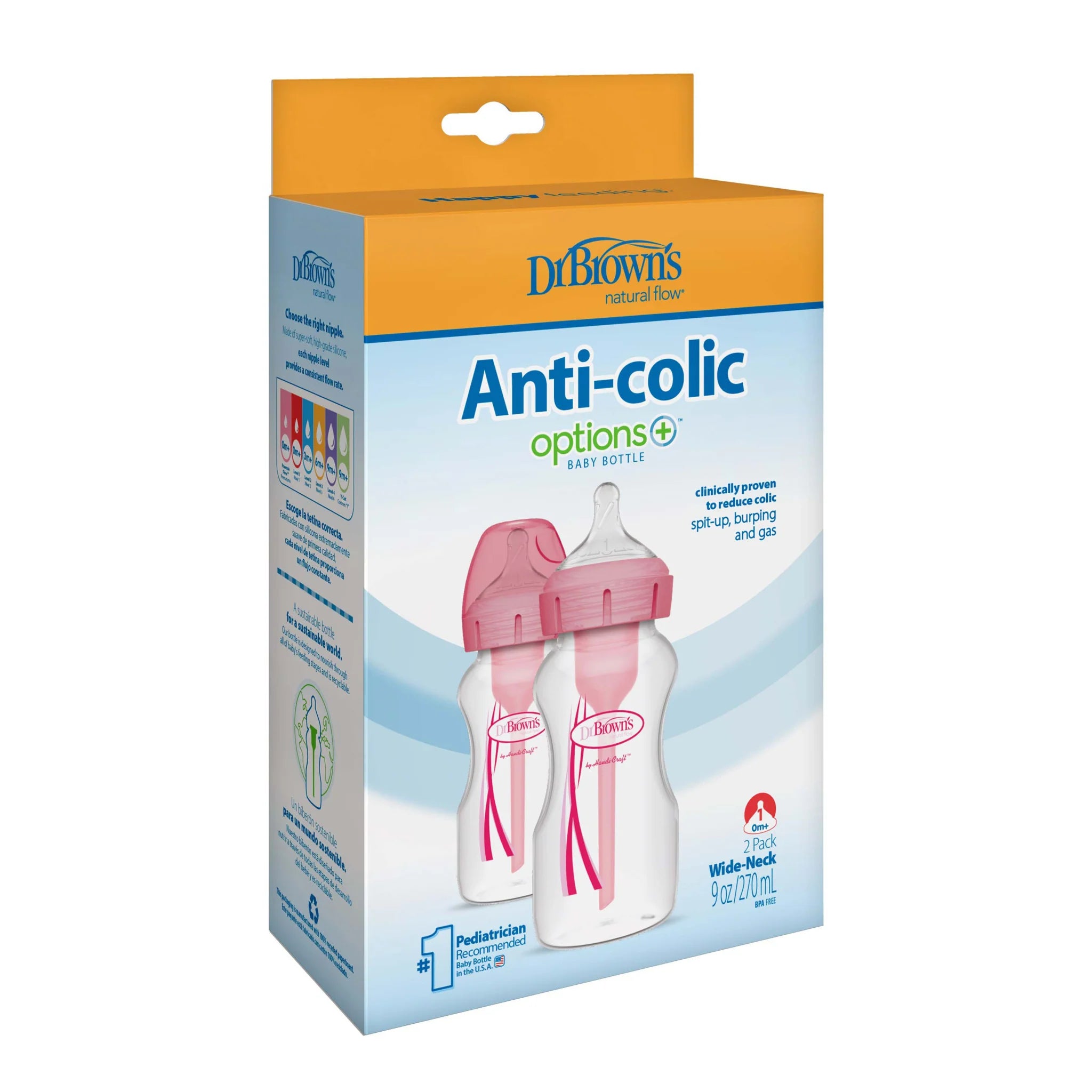 Dr. Brown’s Natural Flow Options+ Wide-Neck Baby Bottles 270 ml 2 Pack 0m+ - Pink