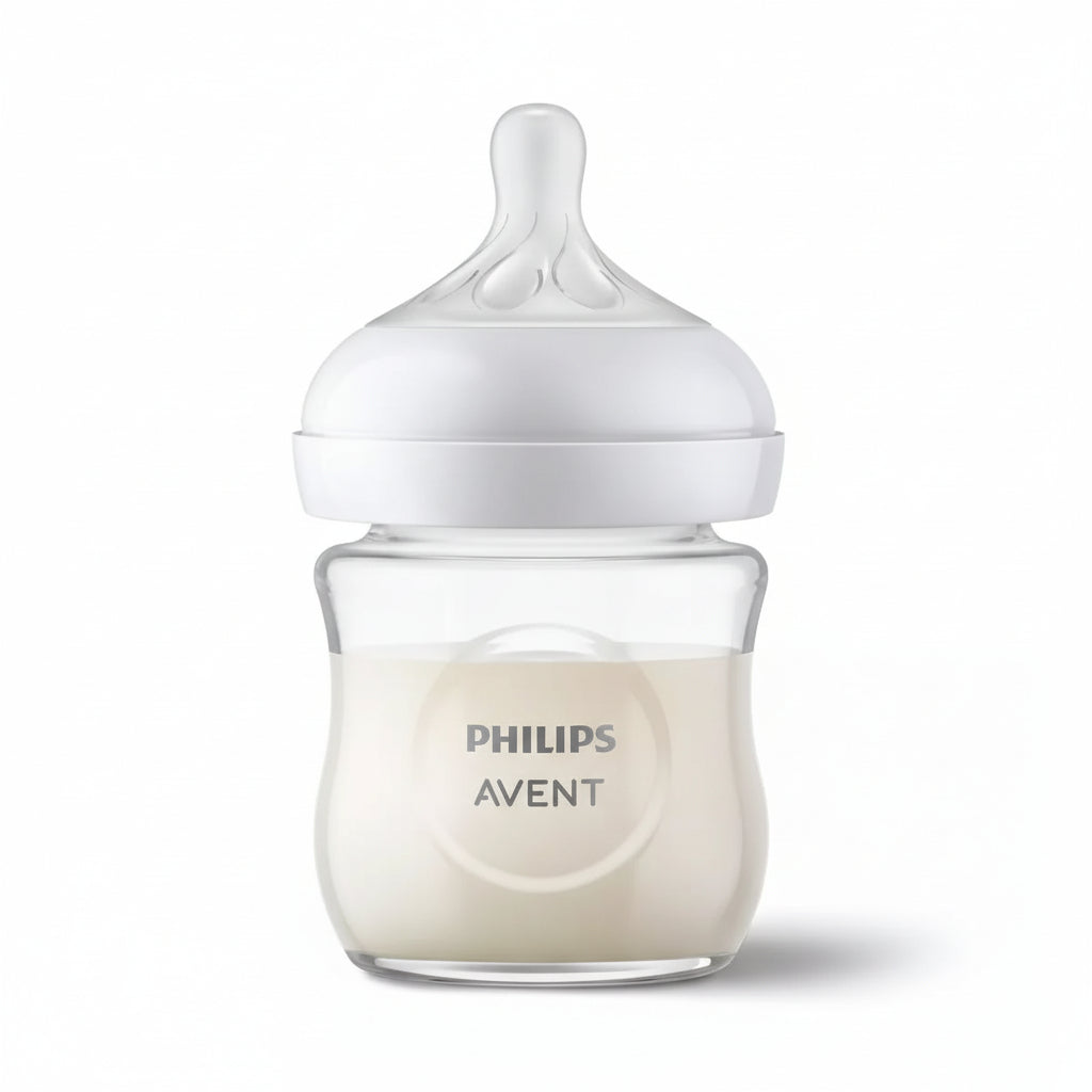 Philips Avent baby bottle with white cap on a white background