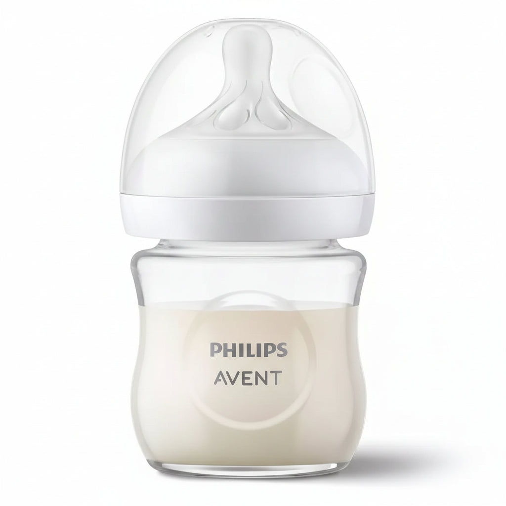 Philips Avent baby bottle with white cap on a white background