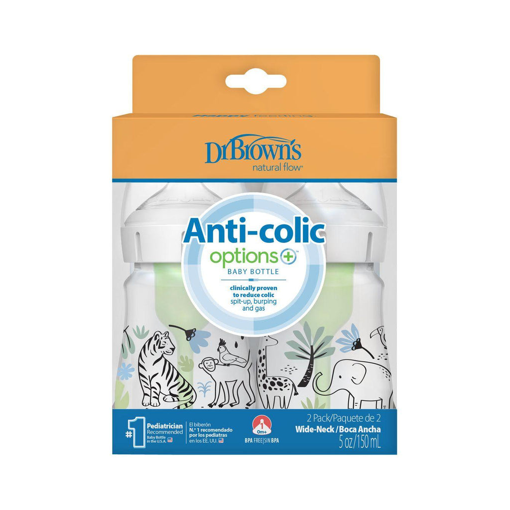 Dr Brown's Wide-Neck Anti-Colic Bottle Options+ 150ml 2-Pack - Jungle - Baby Essentials