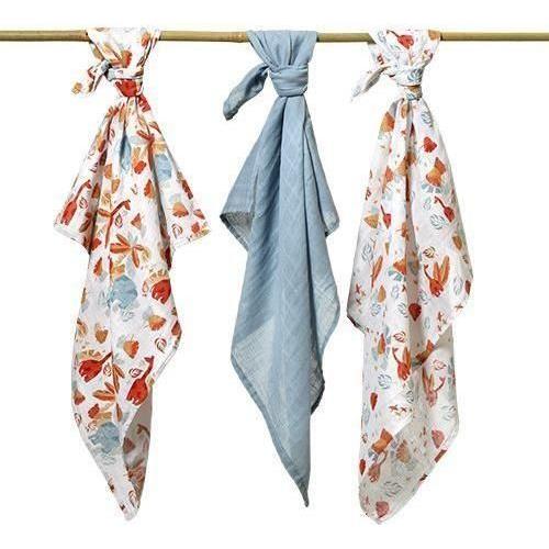 Babyono 100% Cotton Muslin Squares 3-Pack - Blue