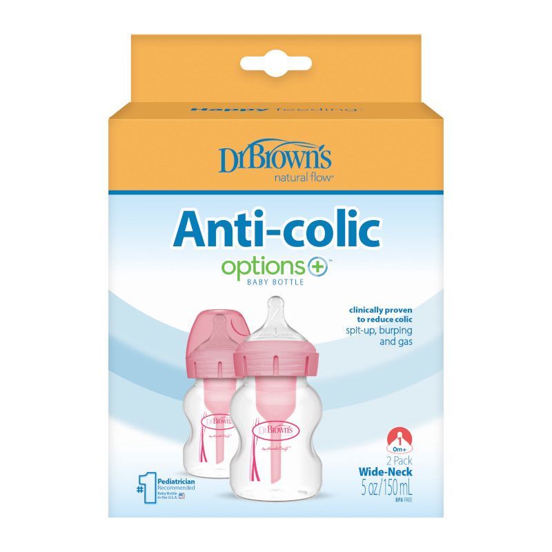 Dr Brown's Wide-Neck Anti-Colic Bottle Options+ 150ml 2-Pack - Pink