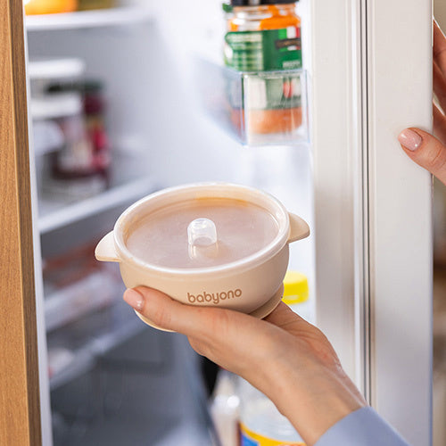 Babyono Silicone Suction Bowl With Lid - Beige 6m+