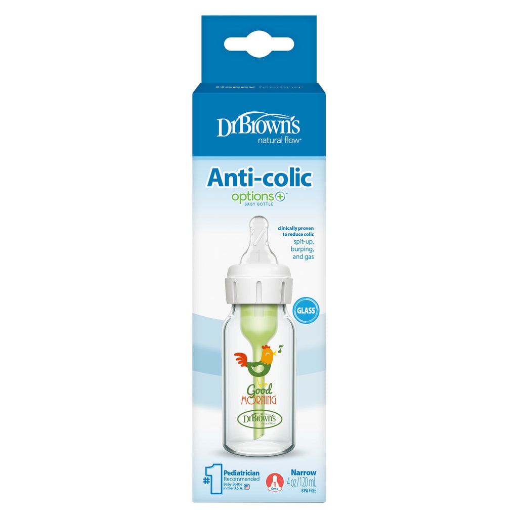 Dr. Brown’s Natural Flow Options+ Anti-Colic Glass Narrow-Neck Bottle 120 ml – Good Morning Chicken – 0m+ - Baby Essentials