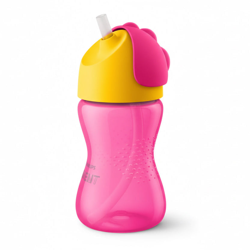 Pink water bottle with a yellow cap on a white background