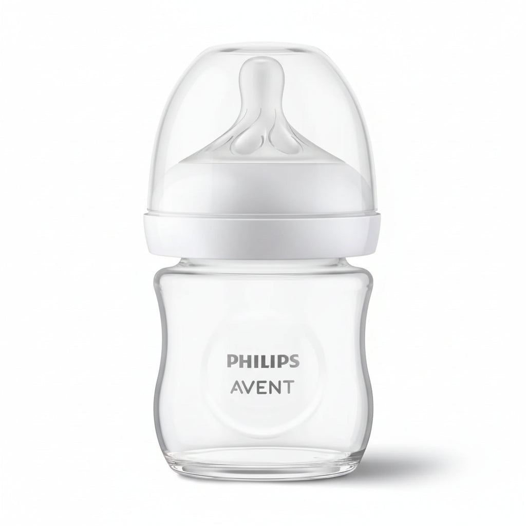 Clear Philips Avent baby bottle on a white background