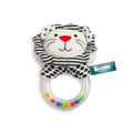 Baby rattle with lion design and colorful beads on a white background