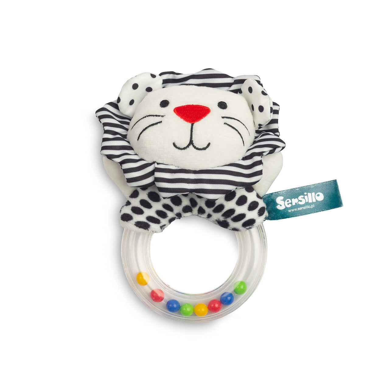 Baby rattle with lion design and colorful beads on a white background